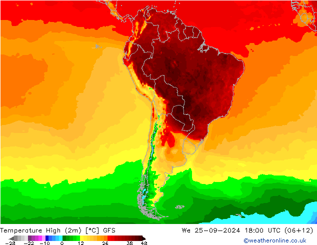 temperatura máx. (2m) GFS Qua 25.09.2024 18 UTC