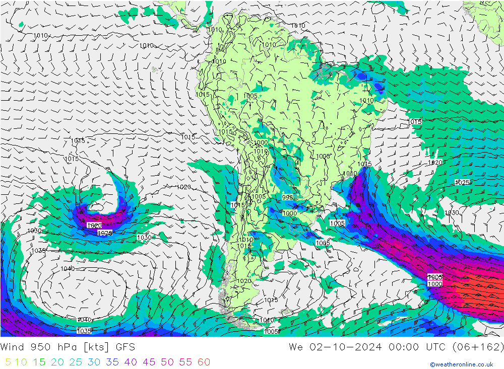 Wind 950 hPa GFS We 02.10.2024 00 UTC