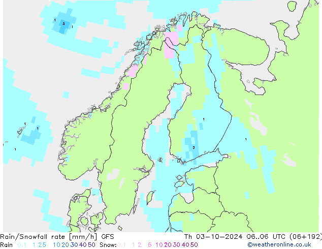 Rain/Snowfall rate GFS Th 03.10.2024 06 UTC