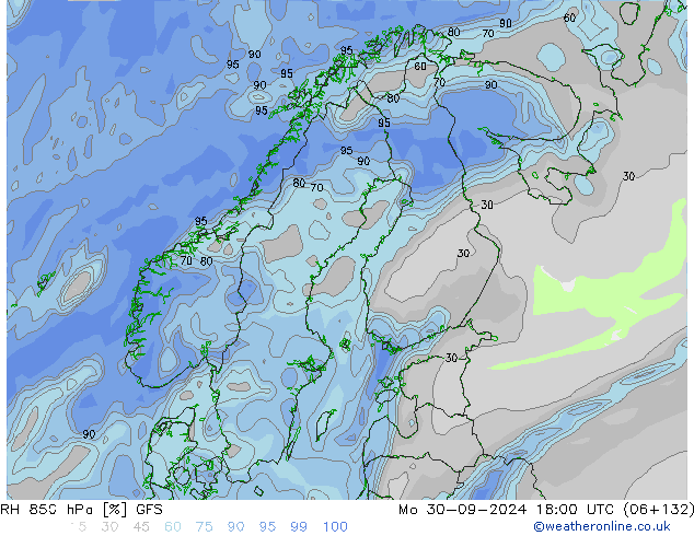 RH 850 hPa GFS lun 30.09.2024 18 UTC