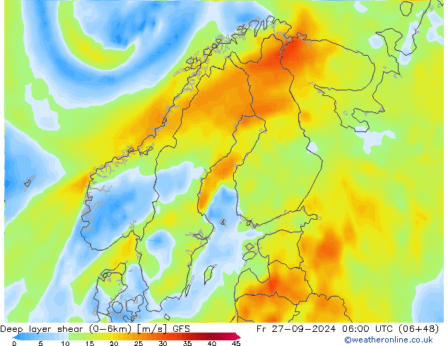 Deep layer shear (0-6km) GFS Fr 27.09.2024 06 UTC