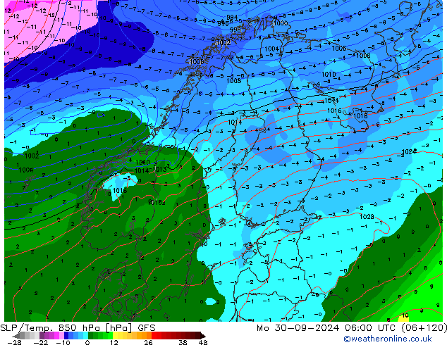 SLP/Temp. 850 hPa GFS Mo 30.09.2024 06 UTC