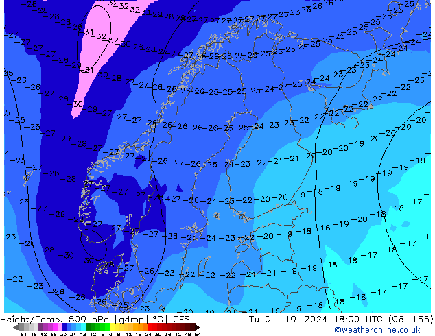 Z500/Yağmur (+YB)/Z850 GFS Sa 01.10.2024 18 UTC