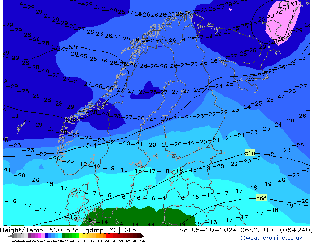 Z500/Rain (+SLP)/Z850 GFS Sa 05.10.2024 06 UTC