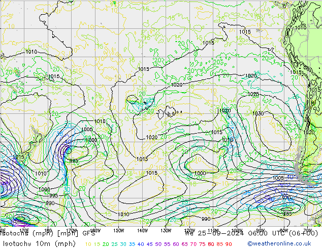 Isotaca (mph) GFS mié 25.09.2024 06 UTC