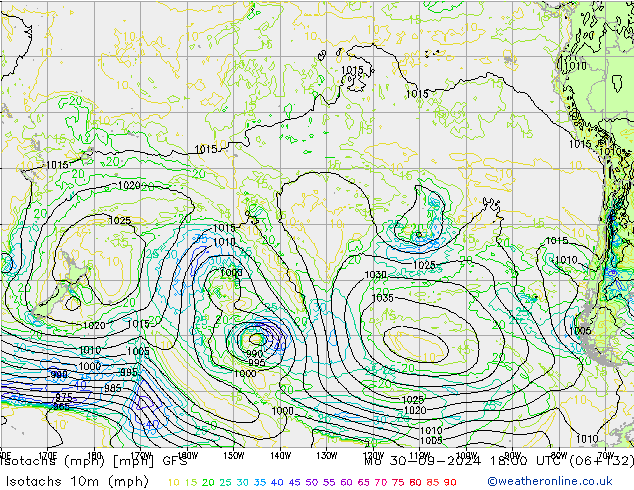 Isotachs (mph) GFS Po 30.09.2024 18 UTC