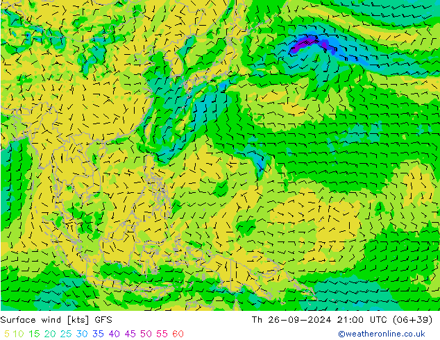 Viento 10 m GFS jue 26.09.2024 21 UTC