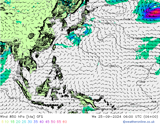 Wind 850 hPa GFS We 25.09.2024 06 UTC