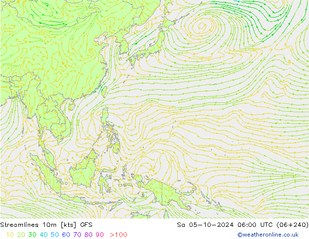 Streamlines 10m GFS Sa 05.10.2024 06 UTC