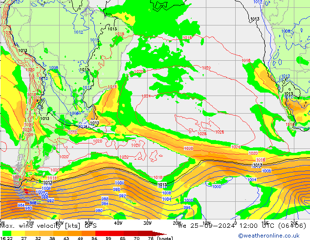 Max. wind velocity GFS We 25.09.2024 12 UTC