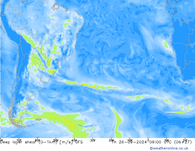 Deep layer shear (0-1km) GFS gio 26.09.2024 09 UTC