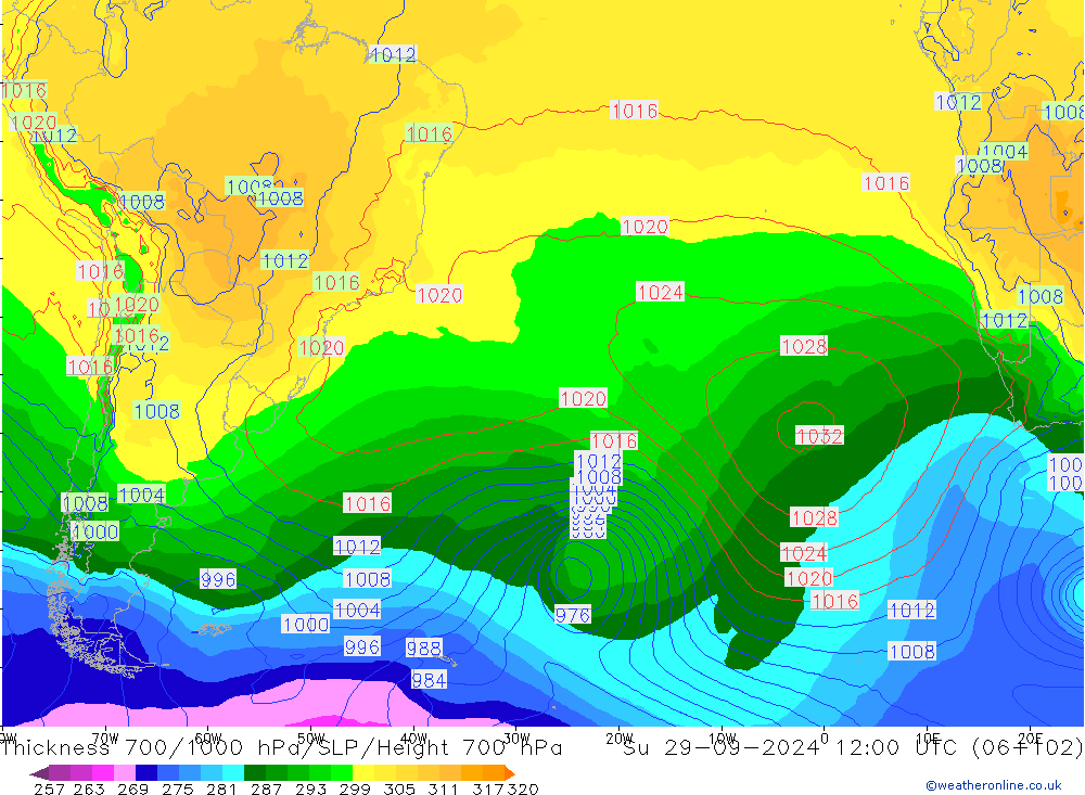 Thck 700-1000 hPa GFS dim 29.09.2024 12 UTC