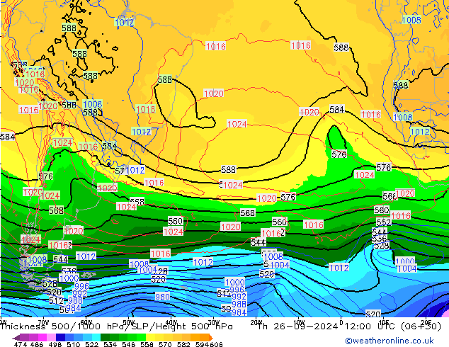 Espesor 500-1000 hPa GFS jue 26.09.2024 12 UTC