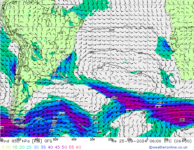 Vento 950 hPa GFS Qua 25.09.2024 06 UTC