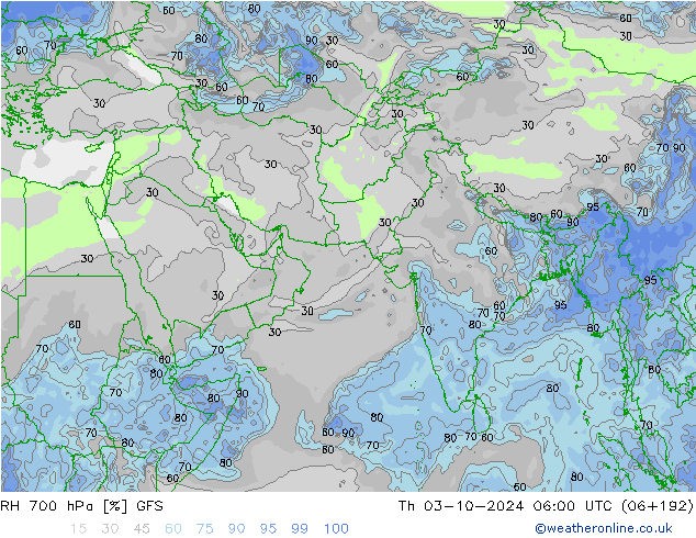 RH 700 hPa GFS gio 03.10.2024 06 UTC