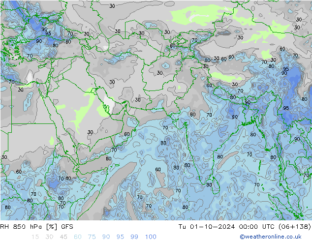 RH 850 гПа GFS вт 01.10.2024 00 UTC