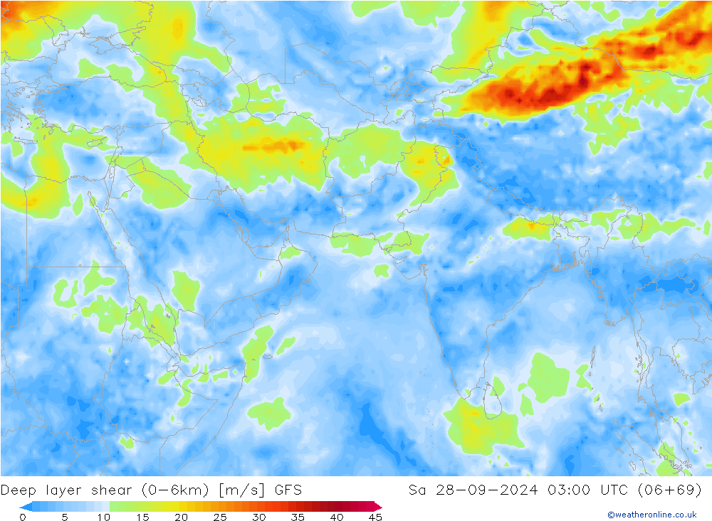 Deep layer shear (0-6km) GFS Sa 28.09.2024 03 UTC