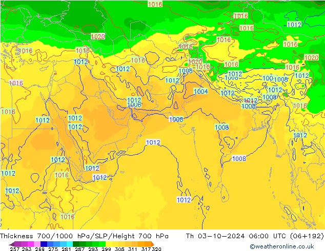 Thck 700-1000 гПа GFS чт 03.10.2024 06 UTC