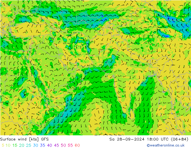 wiatr 10 m GFS so. 28.09.2024 18 UTC