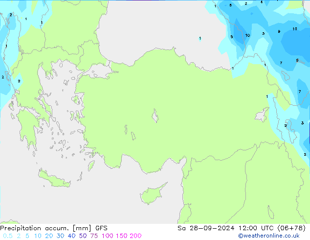 Precipitation accum. GFS sab 28.09.2024 12 UTC