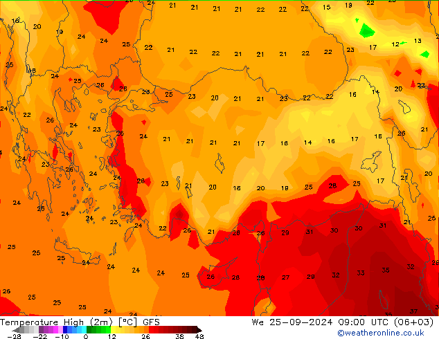 Темпер. макс 2т GFS ср 25.09.2024 09 UTC