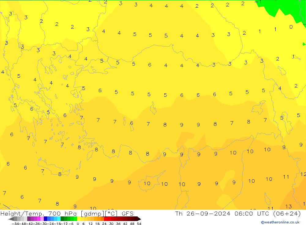 Géop./Temp. 700 hPa GFS jeu 26.09.2024 06 UTC