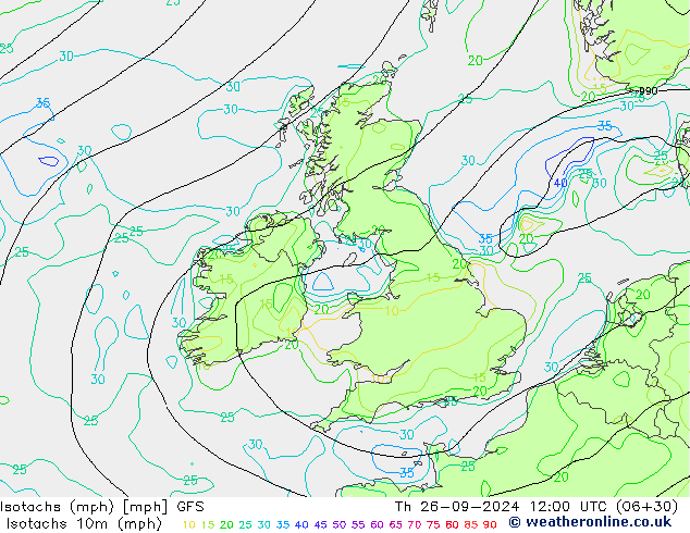 Izotacha (mph) GFS czw. 26.09.2024 12 UTC