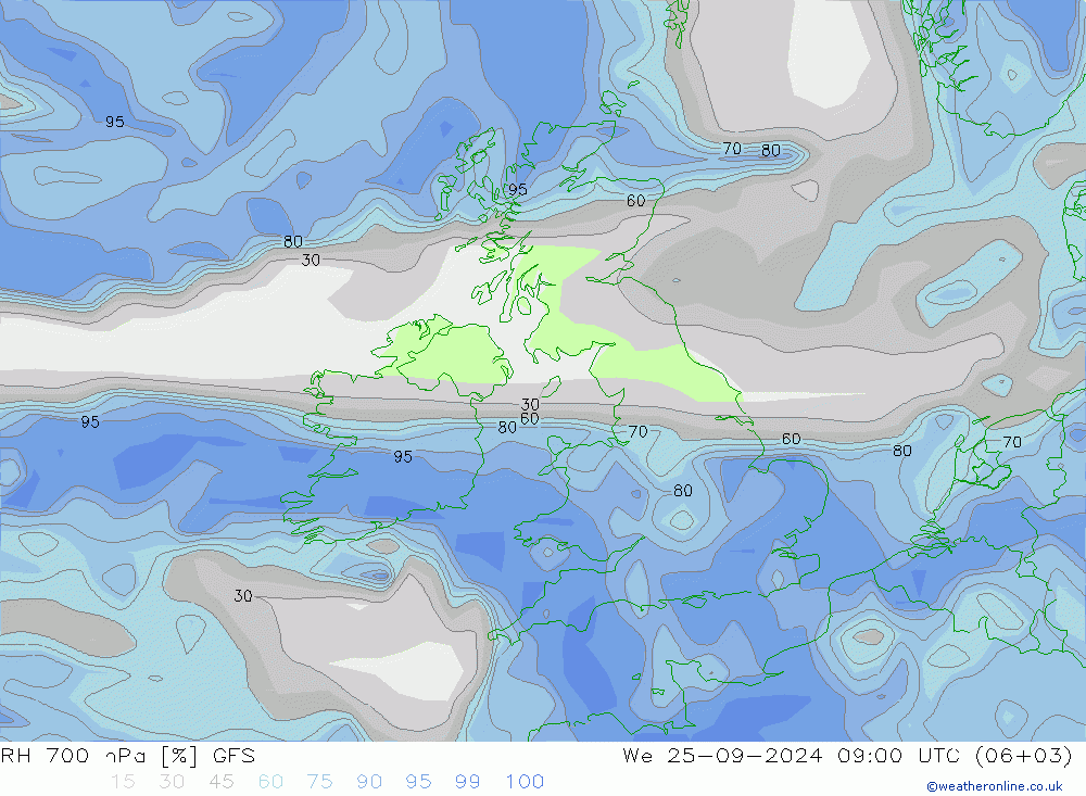 RH 700 hPa GFS śro. 25.09.2024 09 UTC