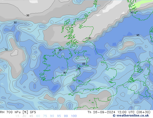 RH 700 hPa GFS czw. 26.09.2024 12 UTC