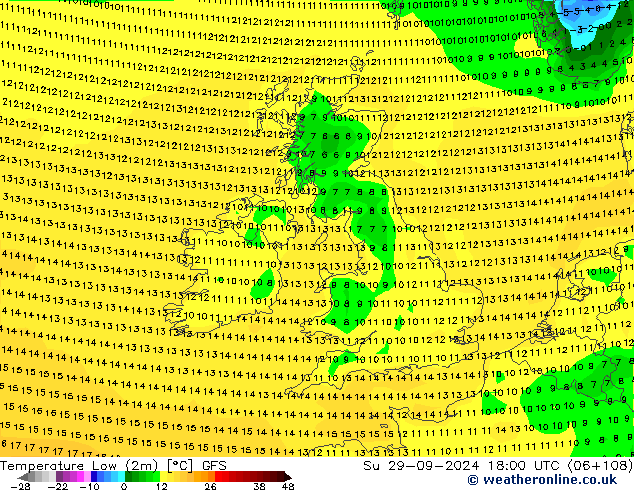 Temperature Low (2m) GFS Su 29.09.2024 18 UTC