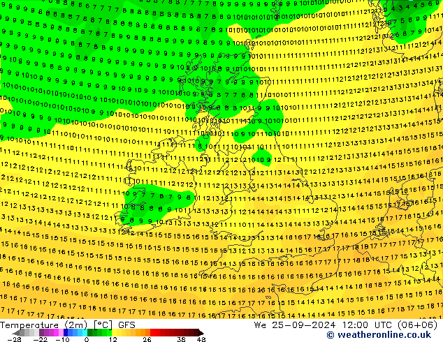 mapa temperatury (2m) GFS śro. 25.09.2024 12 UTC