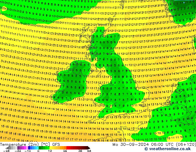 Temperature (2m) GFS Mo 30.09.2024 06 UTC