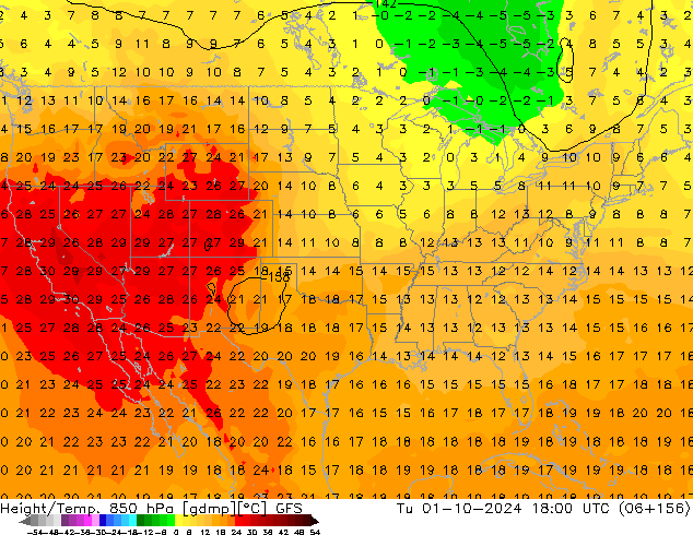 Height/Temp. 850 hPa GFS Tu 01.10.2024 18 UTC