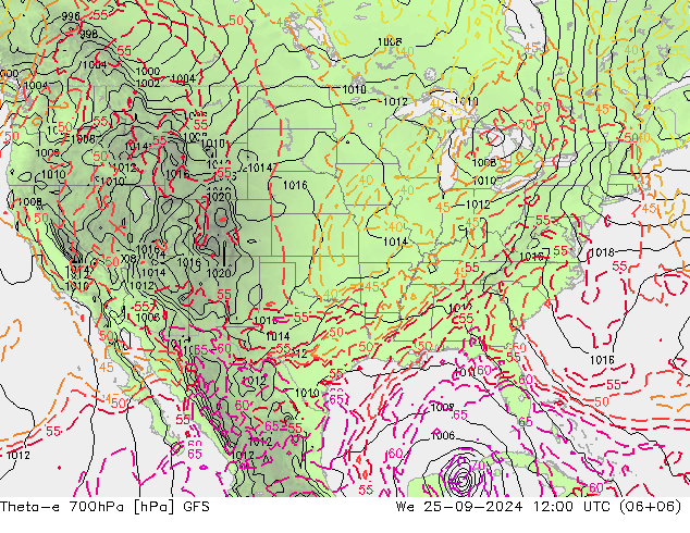 Theta-e 700hPa GFS mer 25.09.2024 12 UTC