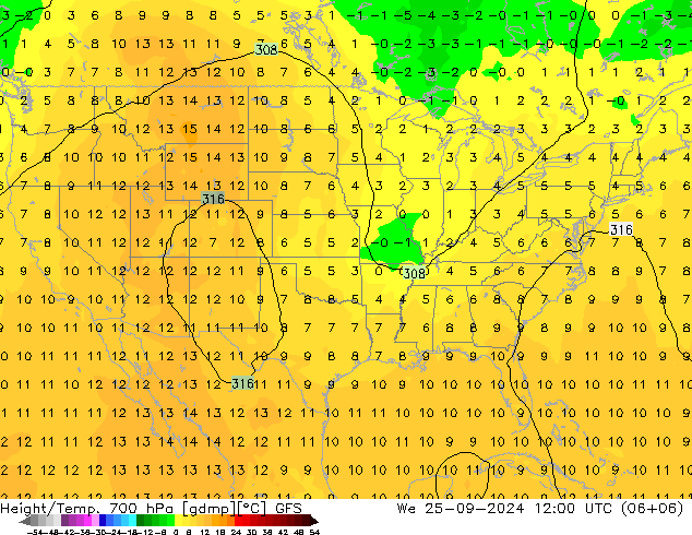 Height/Temp. 700 hPa GFS St 25.09.2024 12 UTC