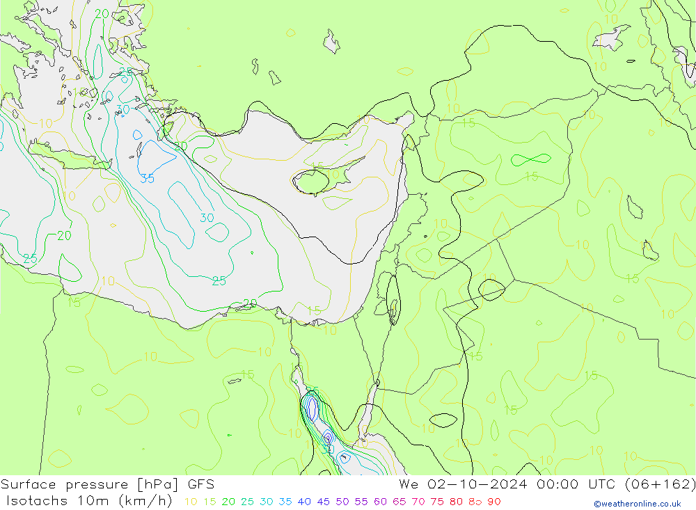 Isotachs (kph) GFS mer 02.10.2024 00 UTC