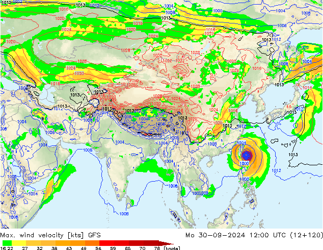 Maks. Rüzgar Hızı GFS Pzt 30.09.2024 12 UTC