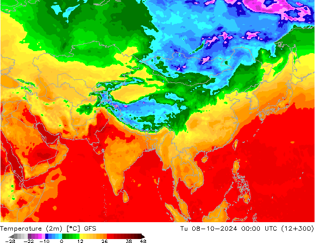 Temperatuurkaart (2m) GFS di 08.10.2024 00 UTC