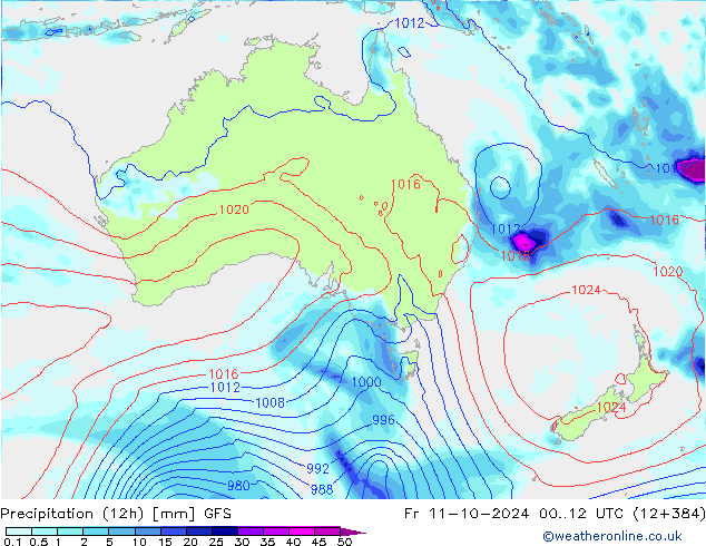 Précipitation (12h) GFS ven 11.10.2024 12 UTC