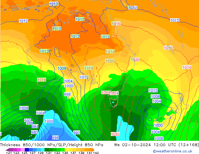 Thck 850-1000 гПа GFS ср 02.10.2024 12 UTC