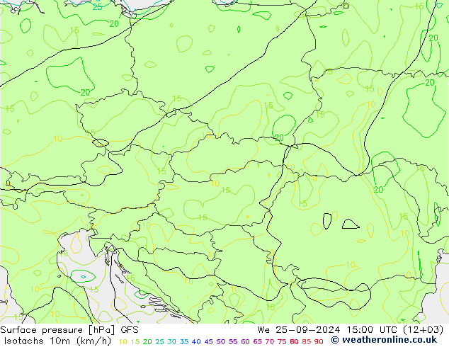 Isotachen (km/h) GFS wo 25.09.2024 15 UTC