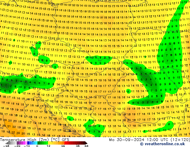 Max.temperatuur (2m) GFS ma 30.09.2024 12 UTC