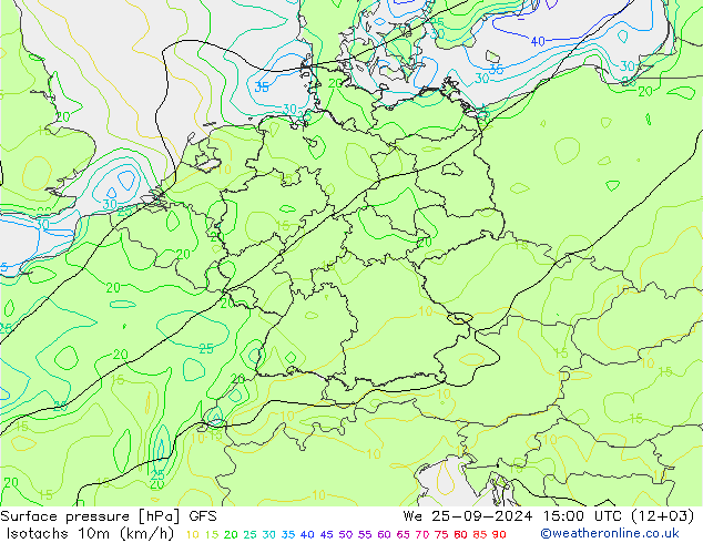 Isotachs (kph) GFS mer 25.09.2024 15 UTC