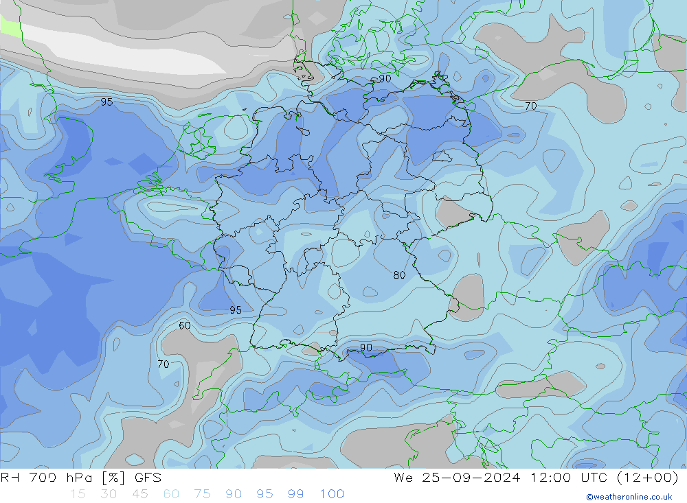 RH 700 hPa GFS We 25.09.2024 12 UTC