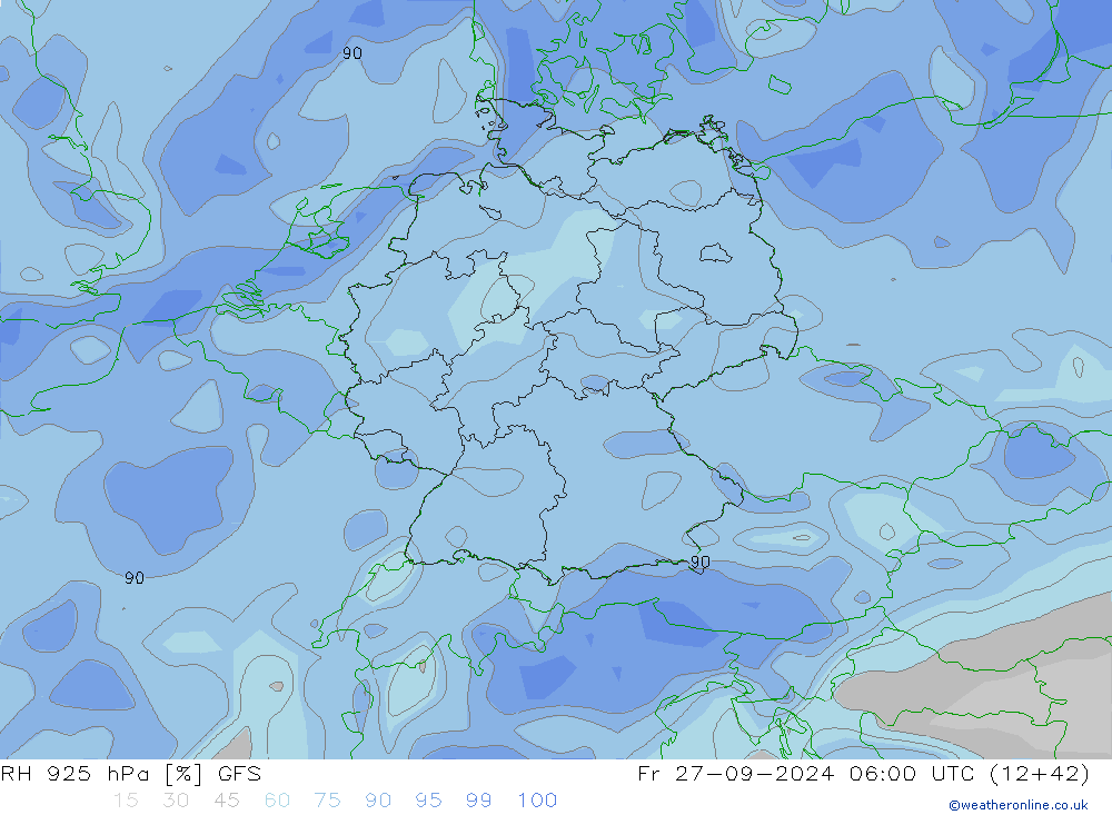 RH 925 гПа GFS пт 27.09.2024 06 UTC