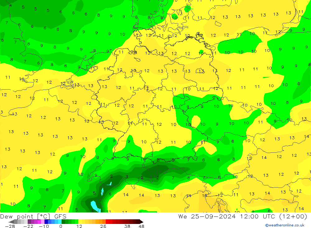 Dew point GFS We 25.09.2024 12 UTC