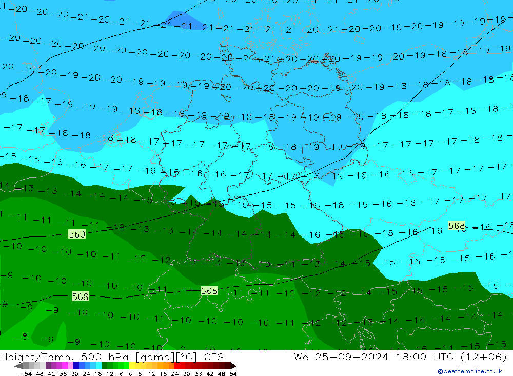 Z500/Rain (+SLP)/Z850 GFS Qua 25.09.2024 18 UTC