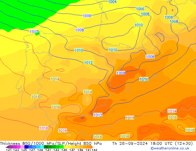 Thck 850-1000 hPa GFS gio 26.09.2024 18 UTC