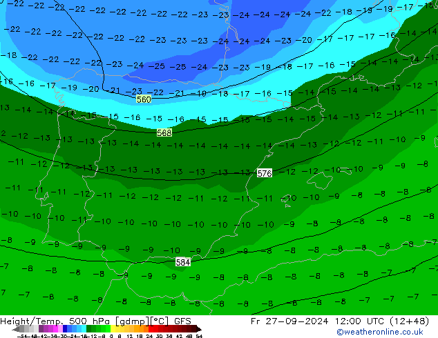 Hoogte/Temp. 500 hPa GFS vr 27.09.2024 12 UTC