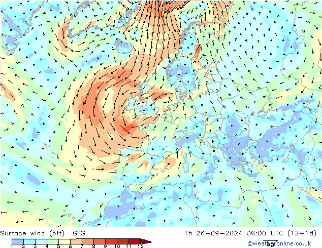 Surface wind (bft) GFS Th 26.09.2024 06 UTC